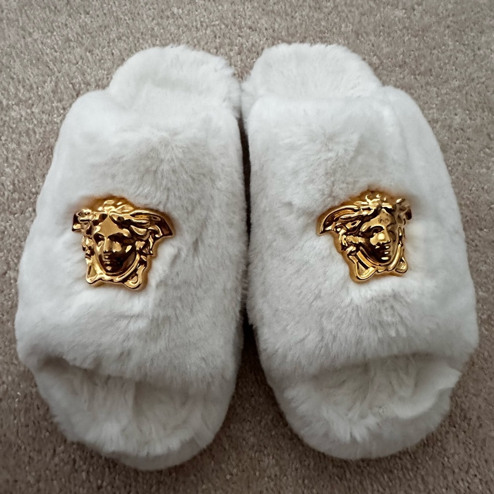 Versace Plush White Slippers with Gold Medusa